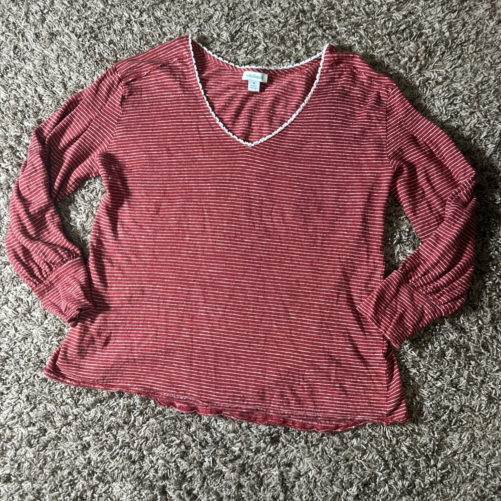 Sundance Red and White Striped Long Sleeve V-Neck Top 100% Linen Size M